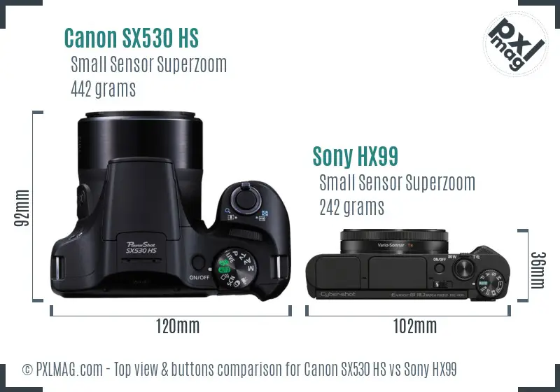 Canon SX530 HS vs Sony HX99 top view buttons comparison