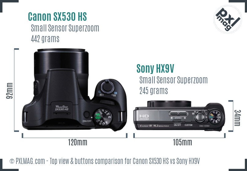 Canon SX530 HS vs Sony HX9V top view buttons comparison