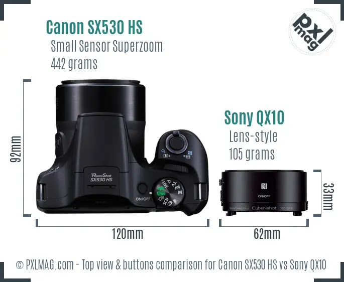 Canon SX530 HS vs Sony QX10 top view buttons comparison