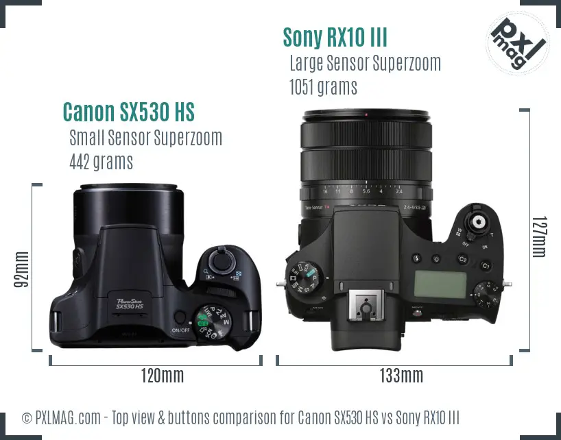 Canon SX530 HS vs Sony RX10 III top view buttons comparison