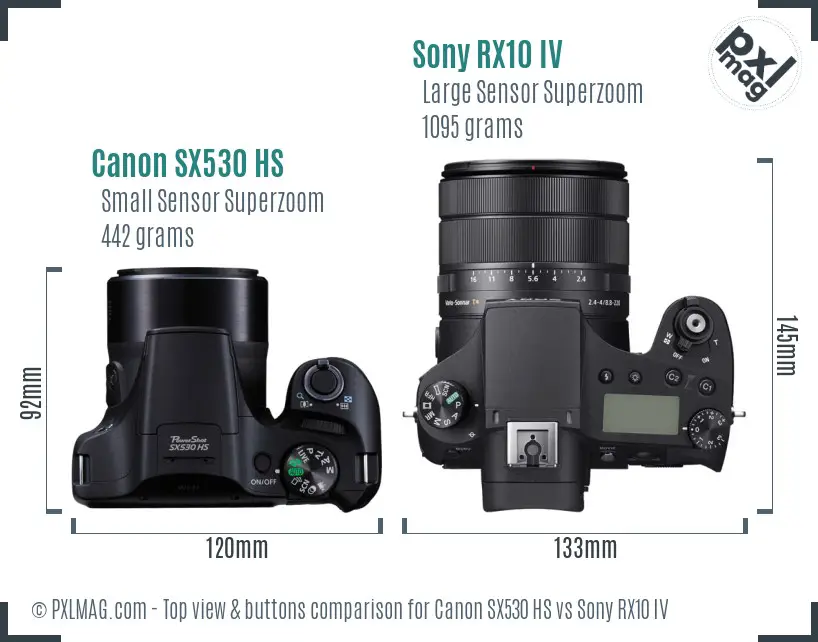 Canon SX530 HS vs Sony RX10 IV top view buttons comparison