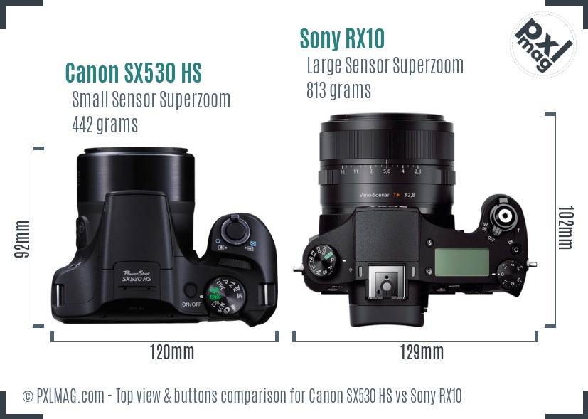 Canon SX530 HS vs Sony RX10 top view buttons comparison