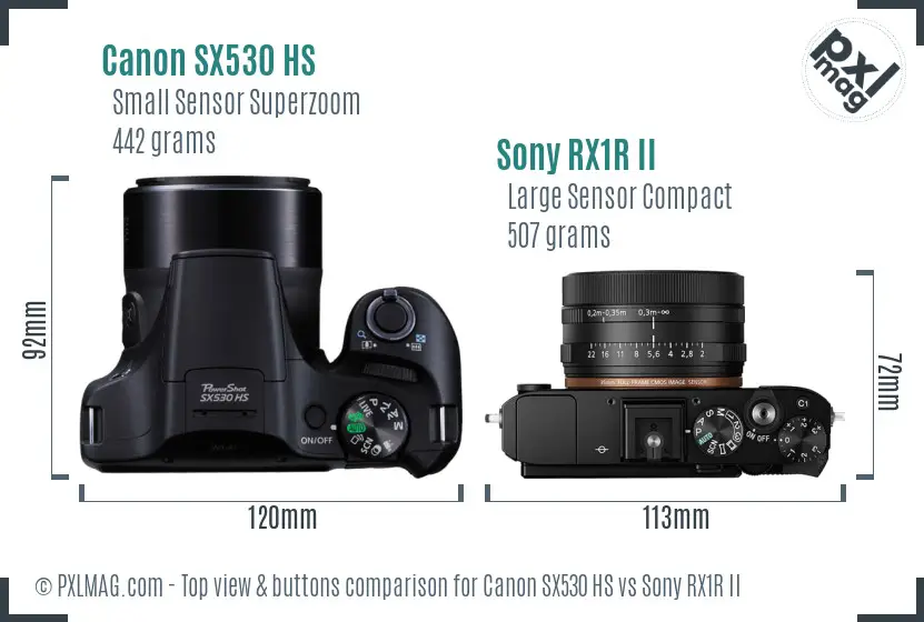 Canon SX530 HS vs Sony RX1R II top view buttons comparison