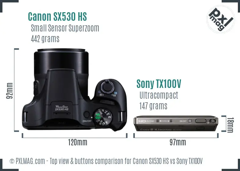 Canon SX530 HS vs Sony TX100V top view buttons comparison Canon SX530 HS vs Sony TX100V top view buttons comparison