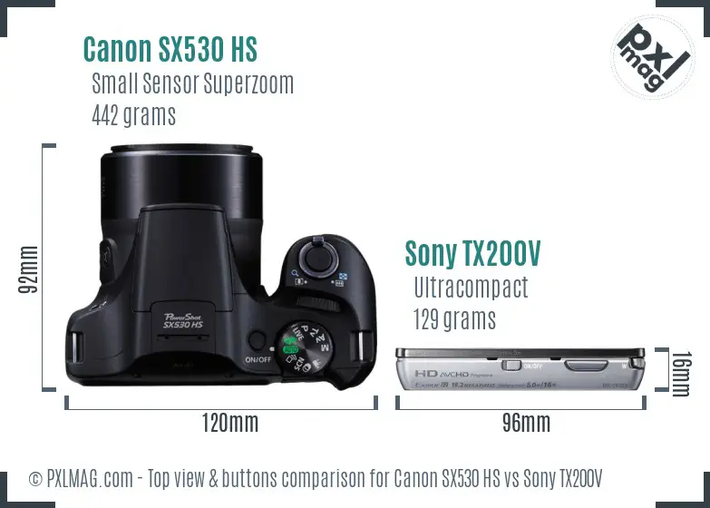 Canon SX530 HS vs Sony TX200V top view buttons comparison