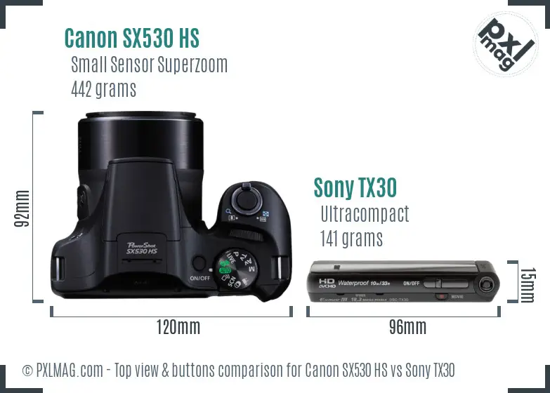 Canon SX530 HS vs Sony TX30 top view buttons comparison