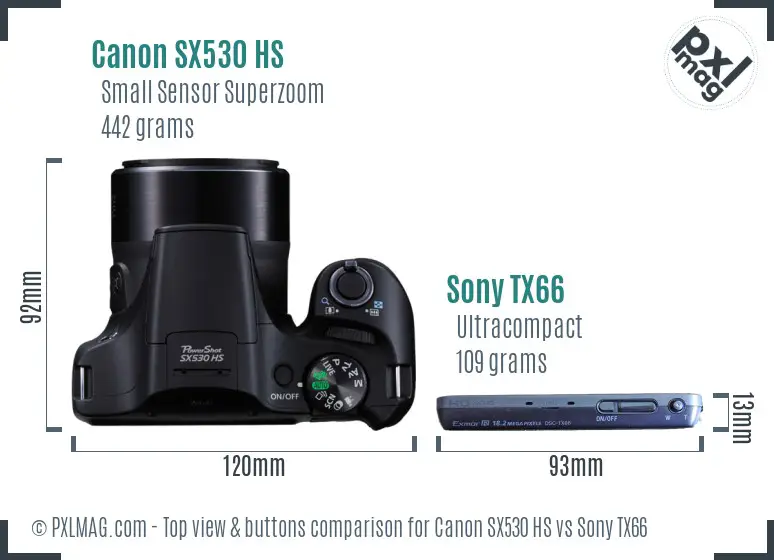 Canon SX530 HS vs Sony TX66 top view buttons comparison