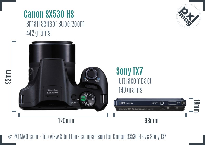 Canon SX530 HS vs Sony TX7 top view buttons comparison