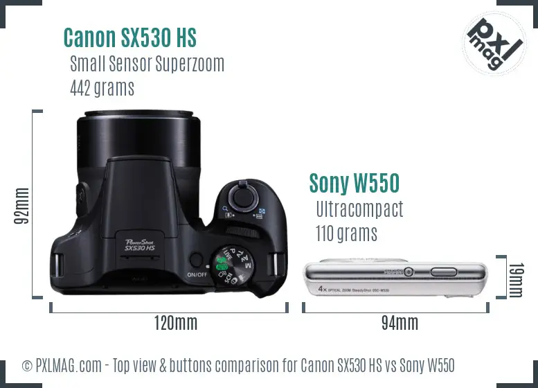 Canon SX530 HS vs Sony W550 top view buttons comparison