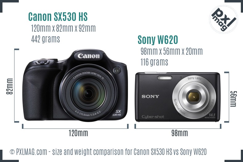 Canon SX530 HS vs Sony W620 size comparison