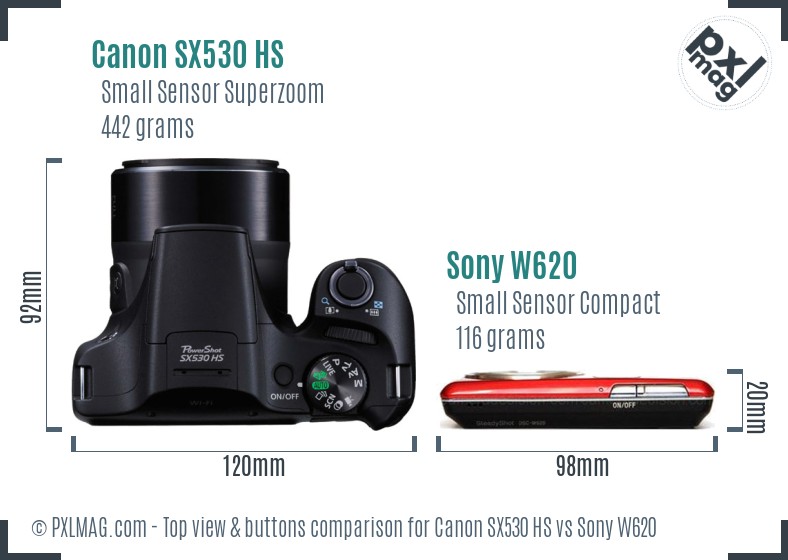 Canon SX530 HS vs Sony W620 top view buttons comparison