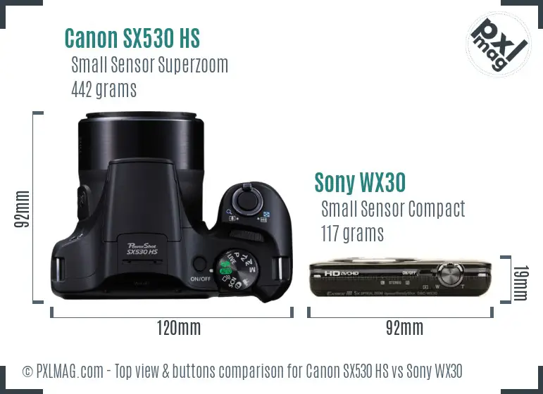 Canon SX530 HS vs Sony WX30 top view buttons comparison