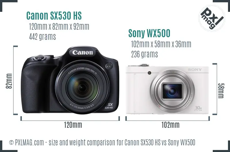 Canon SX530 HS vs Sony WX500 size comparison