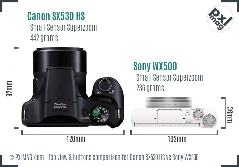 Canon SX530 HS vs Sony WX500 top view buttons comparison