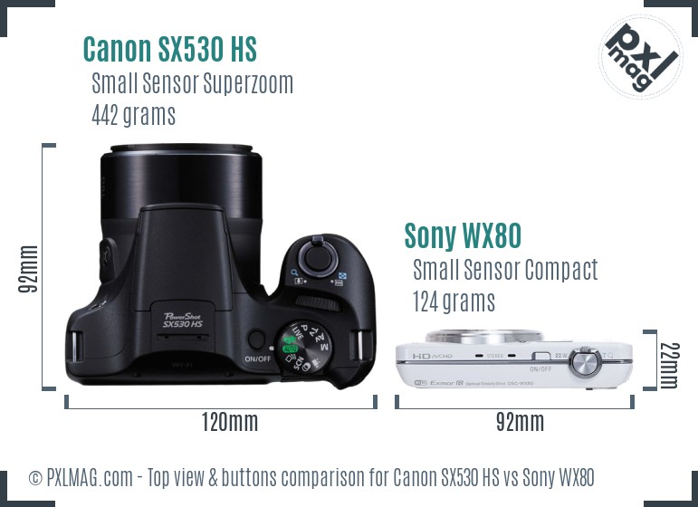 Canon SX530 HS vs Sony WX80 top view buttons comparison