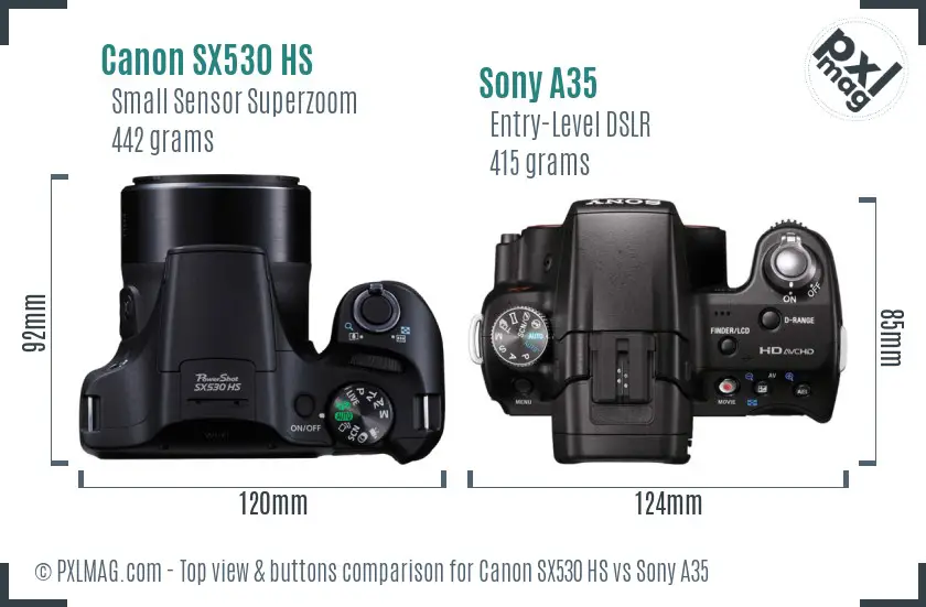 Canon SX530 HS vs Sony A35 top view buttons comparison