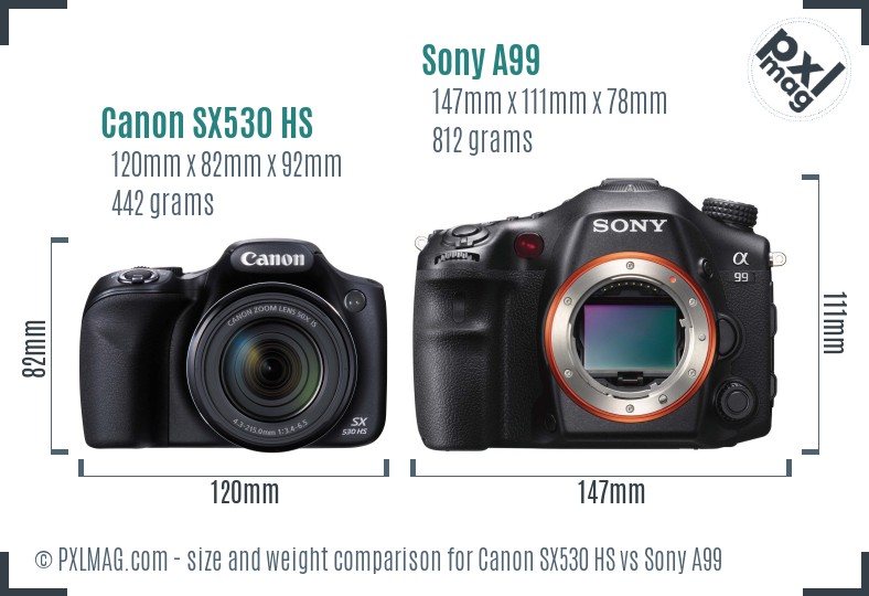 Canon SX530 HS vs Sony A99 size comparison