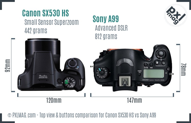 Canon SX530 HS vs Sony A99 top view buttons comparison