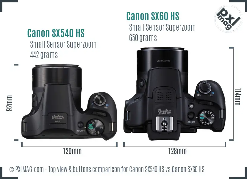 Canon SX540 HS vs Canon SX60 HS top view buttons comparison