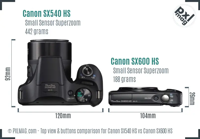 Canon SX540 HS vs Canon SX600 HS top view buttons comparison