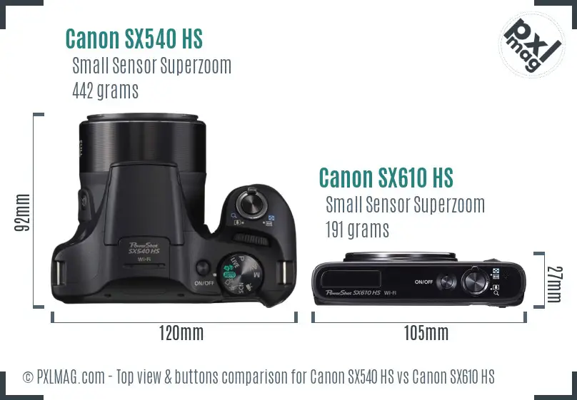 Canon SX540 HS vs Canon SX610 HS top view buttons comparison