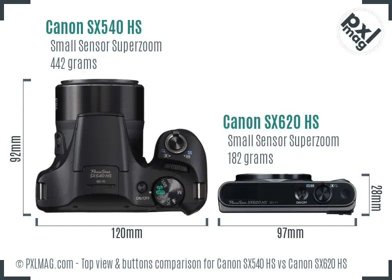 Canon SX540 HS vs Canon SX620 HS top view buttons comparison
