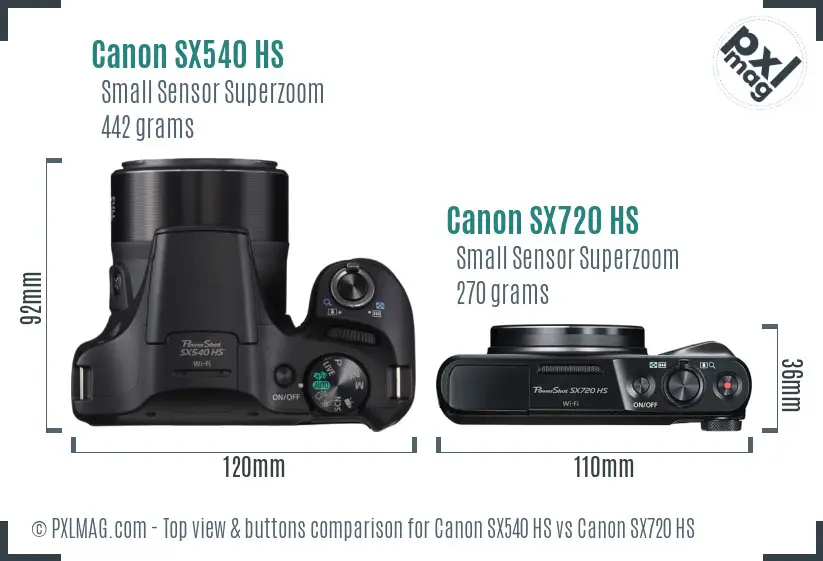 Canon SX540 HS vs Canon SX720 HS top view buttons comparison