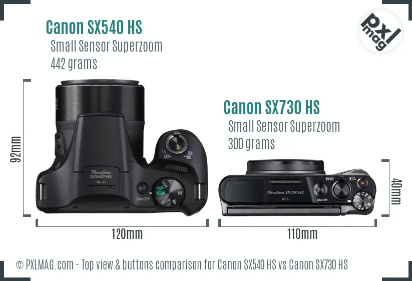 Canon SX540 HS vs Canon SX730 HS top view buttons comparison