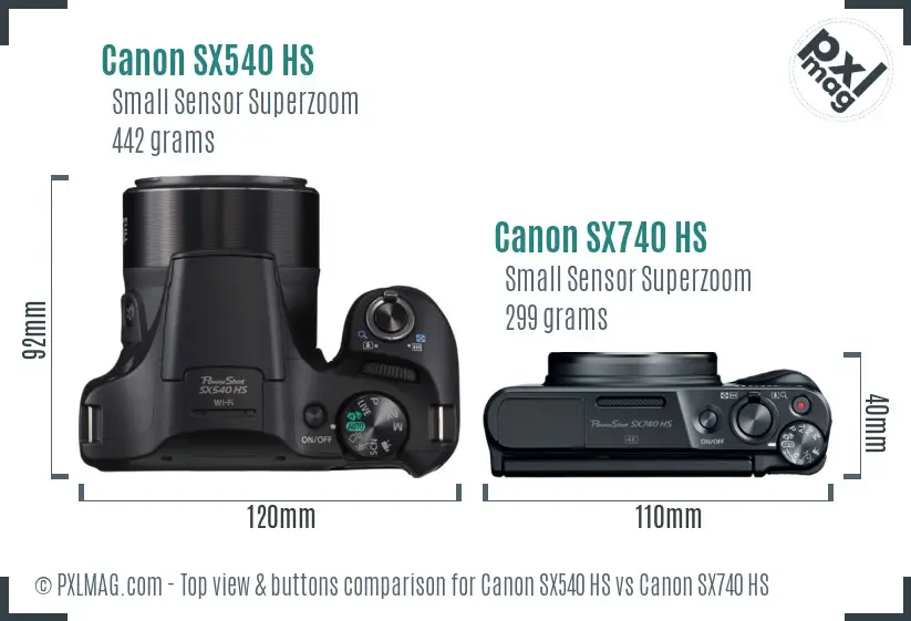 Canon SX540 HS vs Canon SX740 HS top view buttons comparison