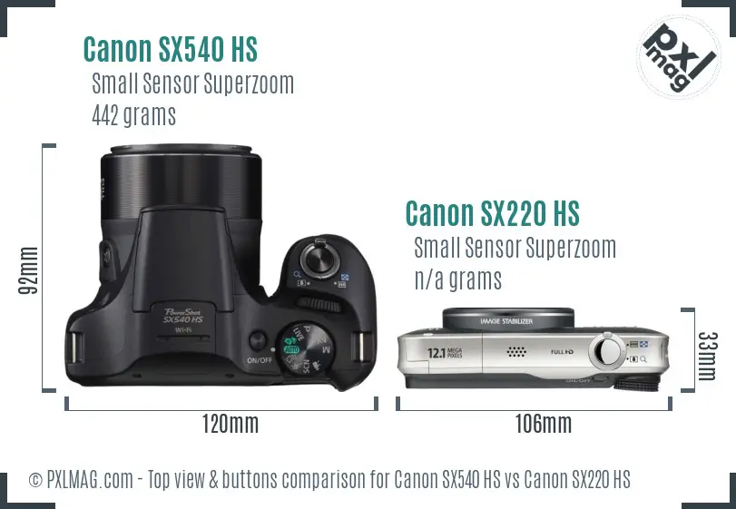 Canon SX540 HS vs Canon SX220 HS top view buttons comparison