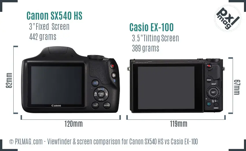 Canon SX540 HS vs Casio EX-100 Screen and Viewfinder comparison