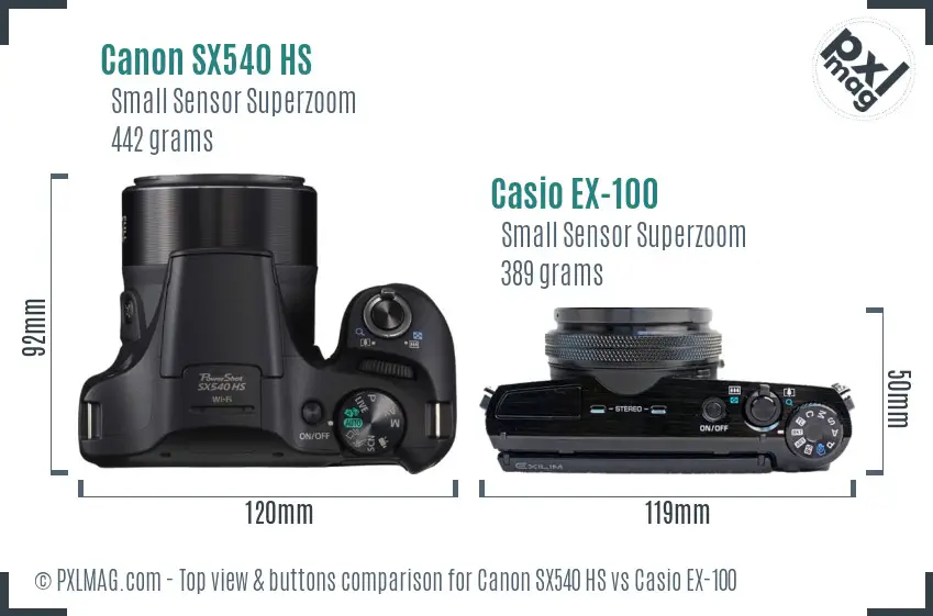 Canon SX540 HS vs Casio EX-100 top view buttons comparison