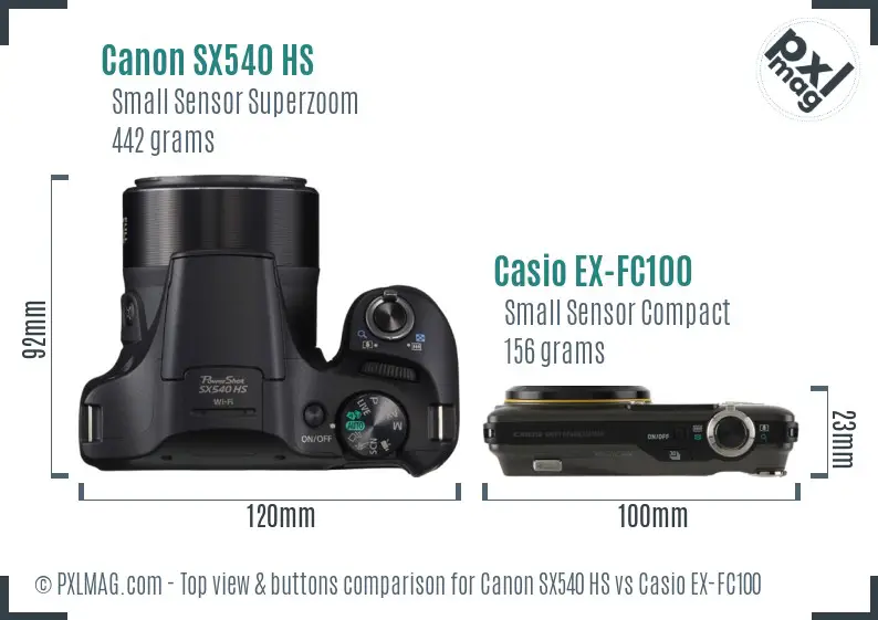 Canon SX540 HS vs Casio EX-FC100 top view buttons comparison