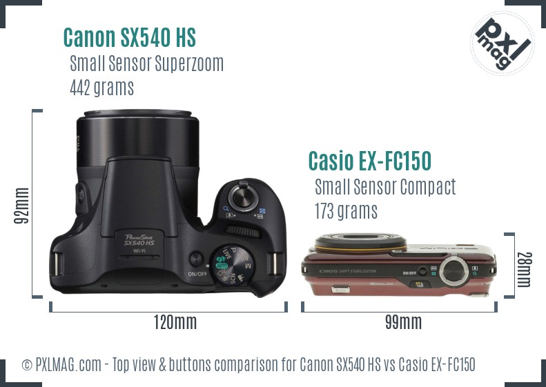 Canon SX540 HS vs Casio EX-FC150 top view buttons comparison