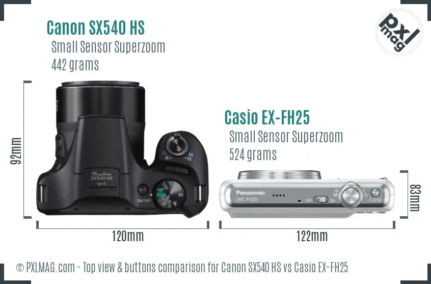 Canon SX540 HS vs Casio EX-FH25 top view buttons comparison