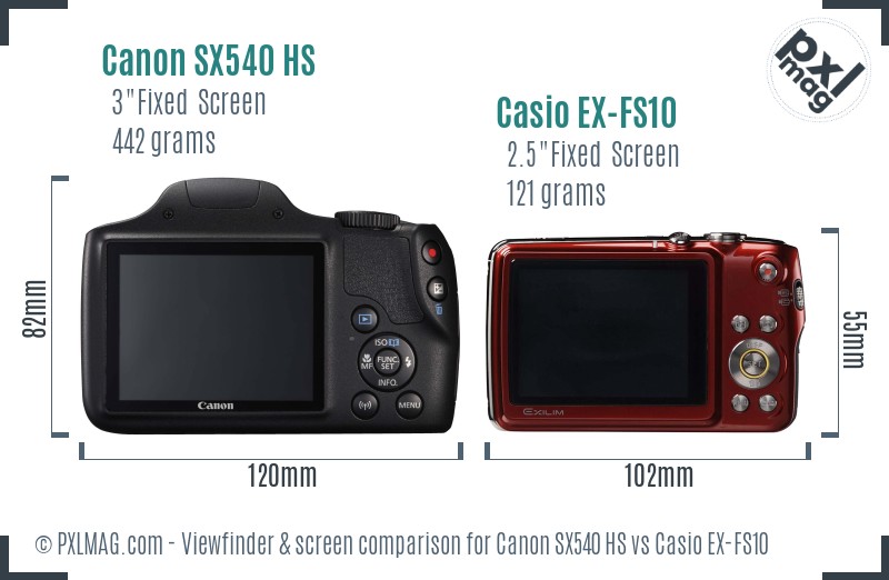 Canon SX540 HS vs Casio EX-FS10 Screen and Viewfinder comparison