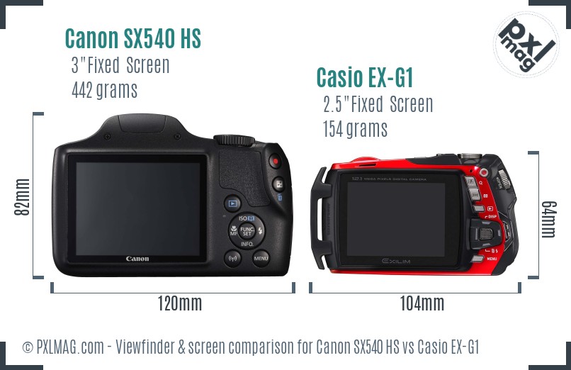Canon SX540 HS vs Casio EX-G1 Screen and Viewfinder comparison