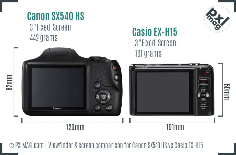 Canon SX540 HS vs Casio EX-H15 Screen and Viewfinder comparison