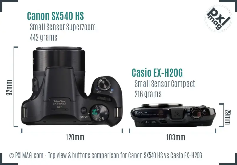 Canon SX540 HS vs Casio EX-H20G top view buttons comparison