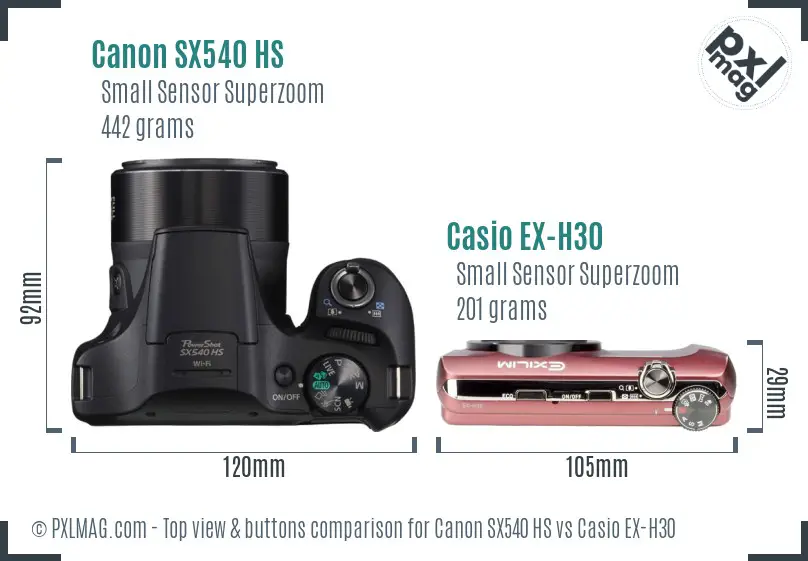 Canon SX540 HS vs Casio EX-H30 top view buttons comparison
