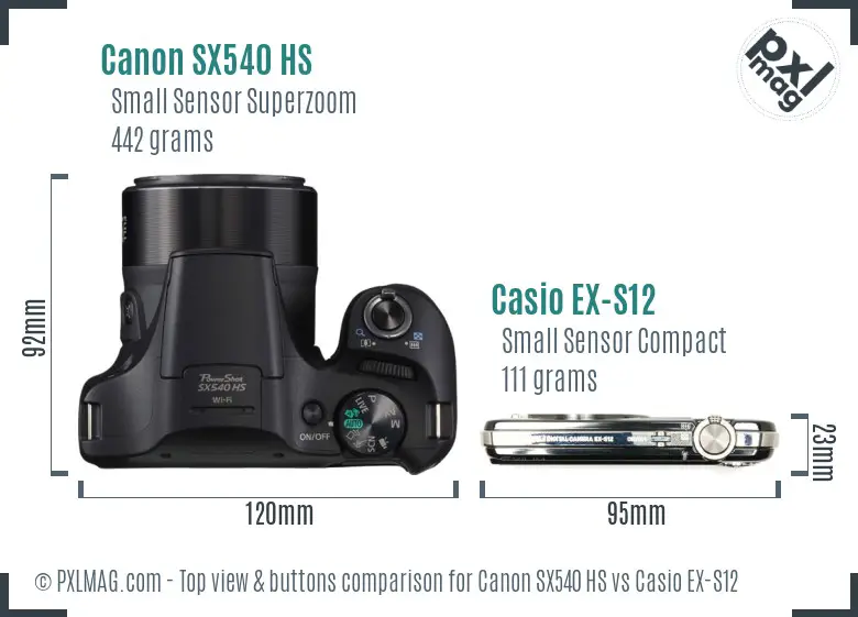 Canon SX540 HS vs Casio EX-S12 top view buttons comparison