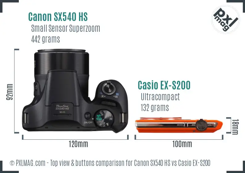 Canon SX540 HS vs Casio EX-S200 top view buttons comparison