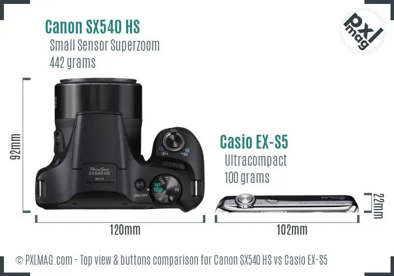 Canon SX540 HS vs Casio EX-S5 top view buttons comparison