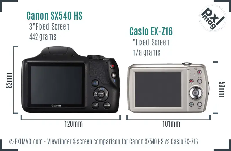 Canon SX540 HS vs Casio EX-Z16 Screen and Viewfinder comparison