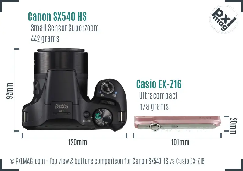 Canon SX540 HS vs Casio EX-Z16 top view buttons comparison