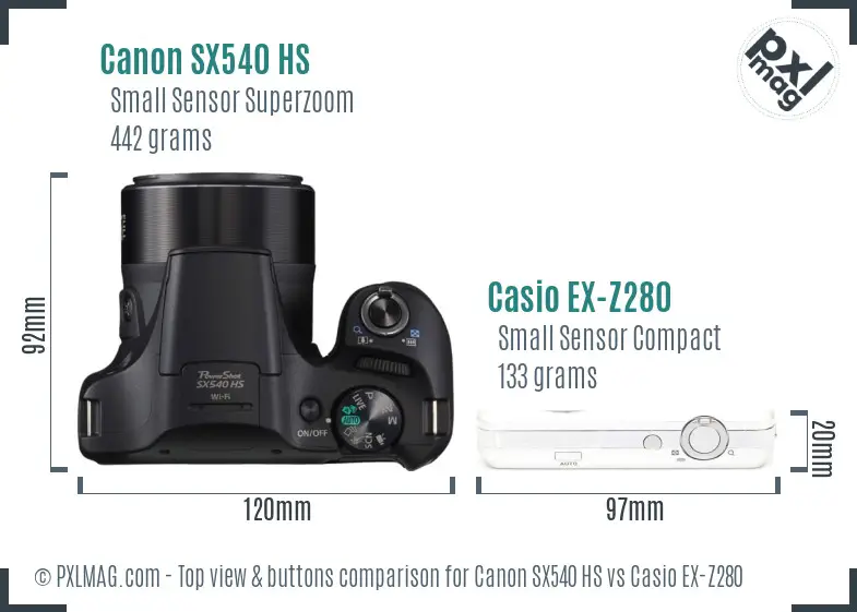 Canon SX540 HS vs Casio EX-Z280 top view buttons comparison
