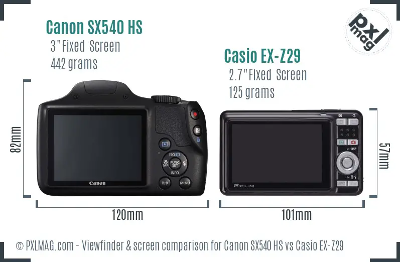 Canon SX540 HS vs Casio EX-Z29 Screen and Viewfinder comparison