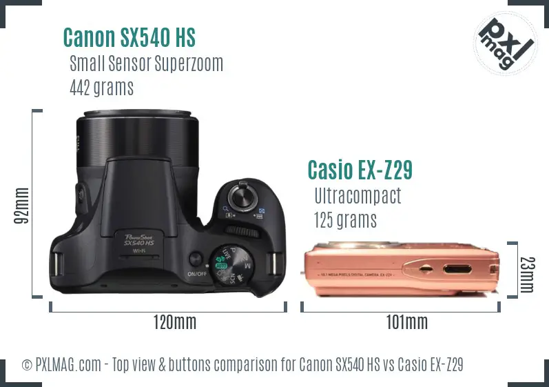 Canon SX540 HS vs Casio EX-Z29 top view buttons comparison