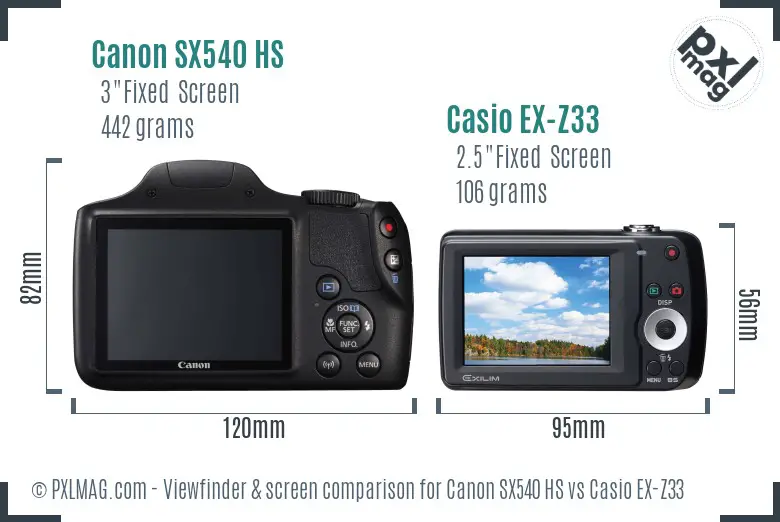 Canon SX540 HS vs Casio EX-Z33 Screen and Viewfinder comparison