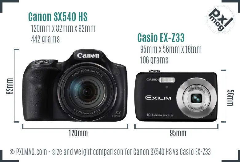 Canon SX540 HS vs Casio EX-Z33 size comparison